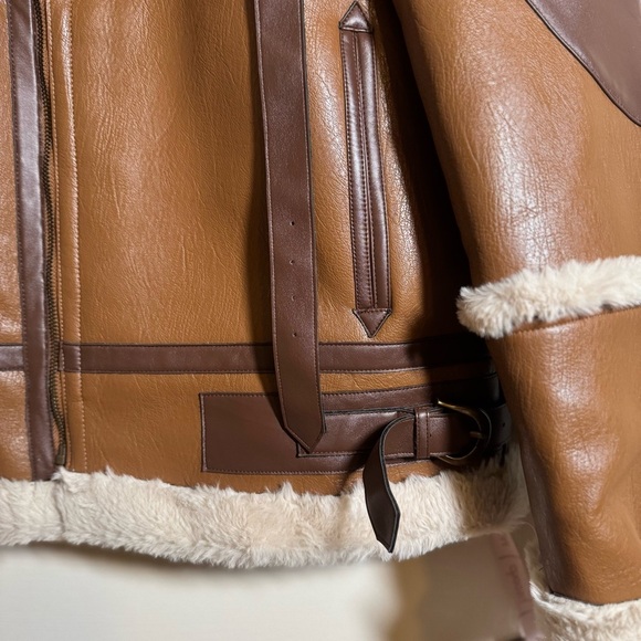 Choosy Amelia Shearling Jacket Aviator Vegan Faux Leather with Cream Accents XL - Picture 6 of 16